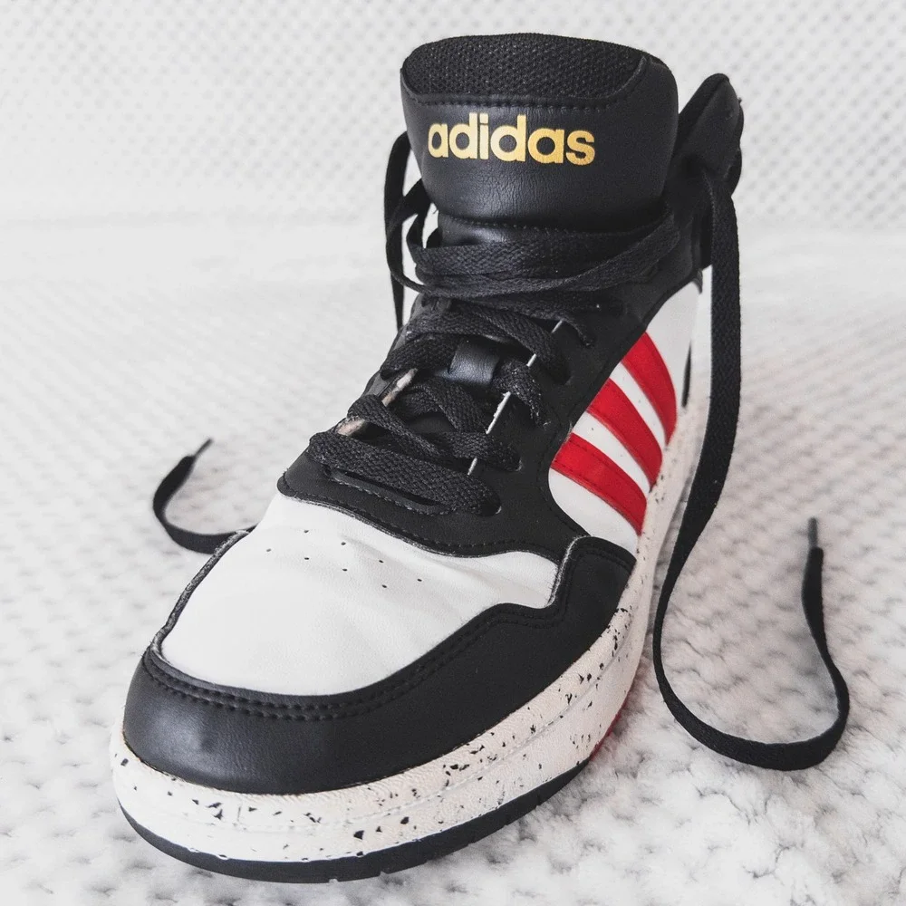 Adidas Hoops 3.0 Mid Sneakers Mens Size 6 White Black Red Speckled Basketball
